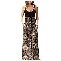Women's Casual Dresses Chic Vintage Ethnic Printed Bodycon Cami Vest Tank Top Sleeveless Camisole Long Dress with Pocket Summer Sundress Daily Wear Streetwear(11-Khaki,6) 1856