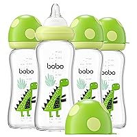 Natural Glass Baby Bottle with Natural Response Nipple, Newborn Anti-Colic Baby Bottles, Wide Neck Mushroom Cap Baby Bottle, Clear (8.8ounce (Pack of 4), Green2)