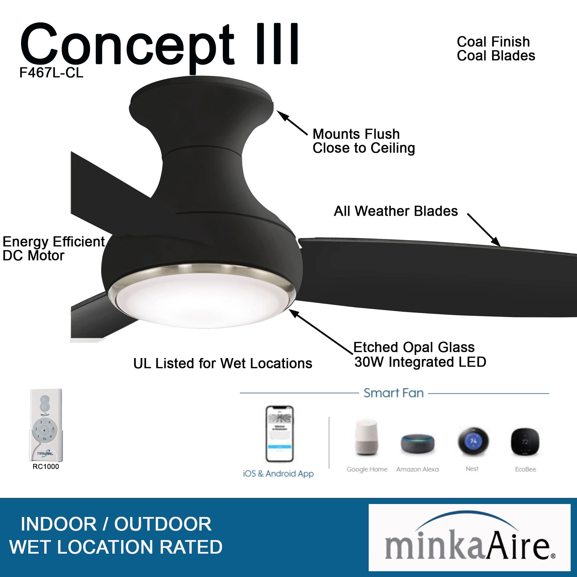 Minka Aire F467L-CL Concept III - 54 Inch Ceiling Fan with Light Kit, Coal Finish with Coal Blade Finish with Etched Opal Glass
