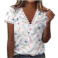 SMIDOW Bohemian Lace Trim v Neck t-Shirt Shirts for Women Casual Loose Fit Summer Trendy 2023 Boho Floral Print Tops Blouse