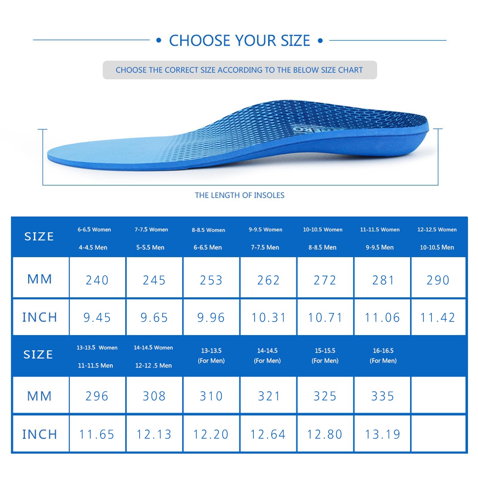 Plantar Fasciitis Feet Insoles Arch Supports Orthotics Inserts Relieve Flat Feet, High Arch, Foot Pain Mens 6-6 1/2 | Womens 8-8 1/2