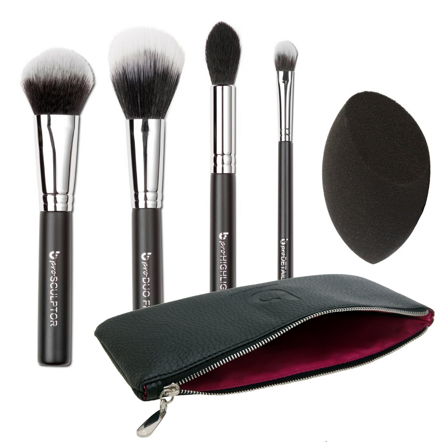 Contour Highlighter Makeup Brush Set with Case – Beauty Junkees 5pc Brushes Kit with Blender Sponge for Full Face Contouring Sculpting Highlighting with Powder Cream Cosmetics, Soft Synthetic Vegan