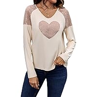 SOLY HUX Women's Contrast Sequin T Shirts V Neck Long Sleeve Heart Pattern Tee Tops