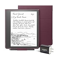 Kindle Scribe Everything Bundle including Kindle Scribe (64 GB), Premium Pen, Leather Folio Cover with Magnetic Attach - Burgundy, Power Adapter, and Pen Replacement Tips