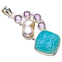 StarGems® Natural Chalcedony,Biwa Pearl And Amethyst Handmade 925 Sterling Silver Pendant 1.75