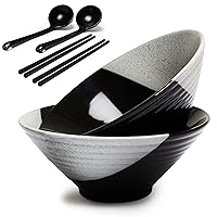 Ceramic Ramen Bowl Set - Japanese Noodle Bowl with Chopsticks and Spoon - Large 60 Oz Bowls - Cute Asian Bowls for Udon, Vietnamese Pho - Soup Bowl with Unglazed Bottom and Screw Thread Design