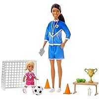 Barbie Soccer Coach Playset with Brunette Soccer Coach Doll, Student Doll and Accessories: Soccer Ball, Clipboard, Goal Net, Cones, Bench and More for Ages 3 and Up, Multi