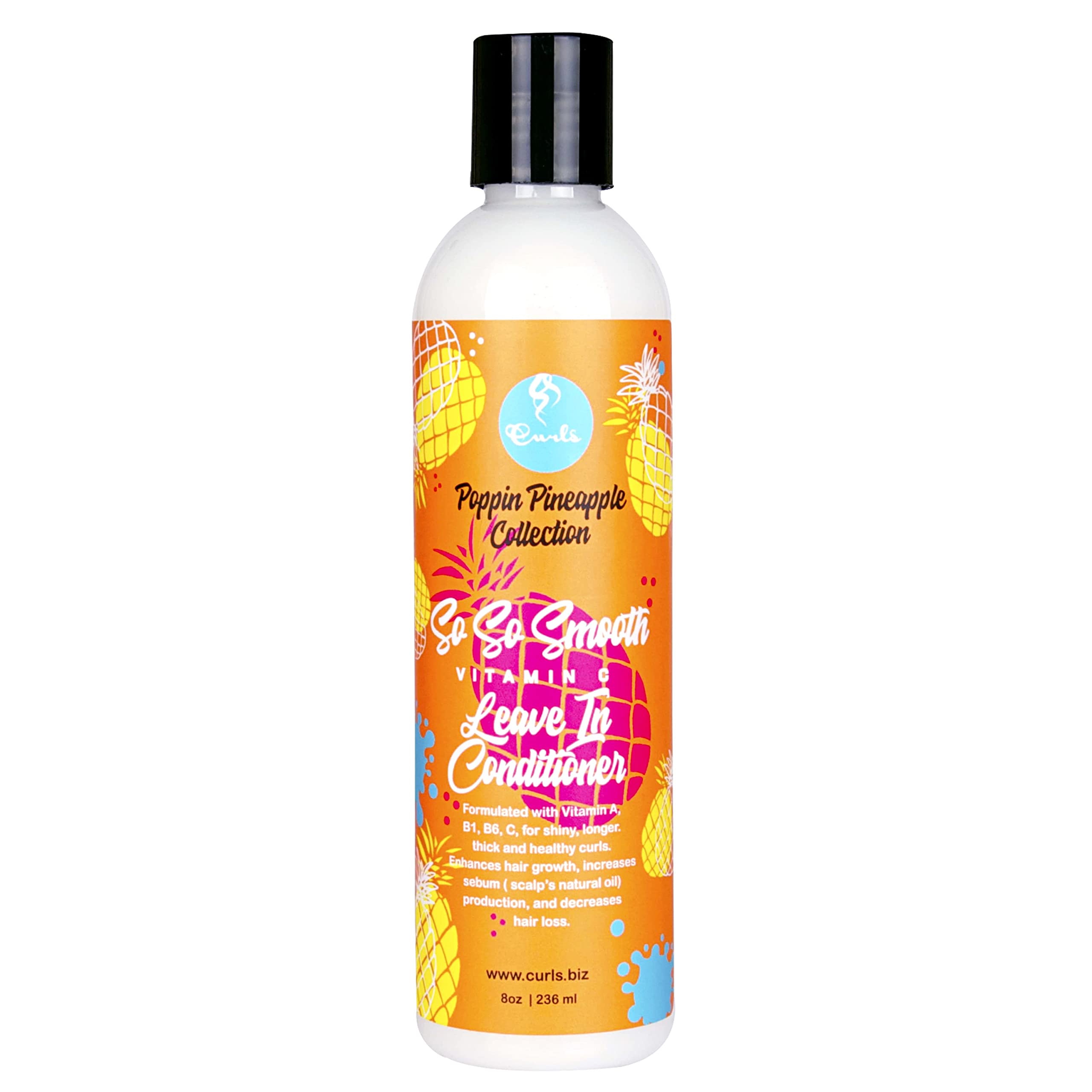 Curls Poppin Pineapple So So Smooth Vitamin C Leave In Conditioner- For Shiny, Longer, Thick & Healthy Hair - Protein Free Formula - For All Types, 8 Ounces