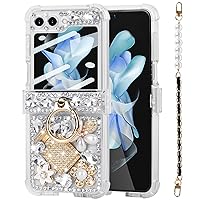for Samsung Galaxy Z Flip 5 Cute Case with Strap Hinge Protection,3D Handmade Sparkle Stunning Stones Crystal Diamond Bling Glitter Phone Case with Screen Protector