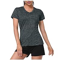 2024 Women Casual Activewear T Shirts Moisture Wicking Basic V-Neck Short Sleeve Slim Fitted Tight Fit Going Out Tops