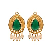 14k Gold Plated Earring Pair Geometric Design Gemstone Connector Faceted Cut Collet Setting Gemstone DIY Jewelry Finding, W-4293 (Green Onyx & Pearl)