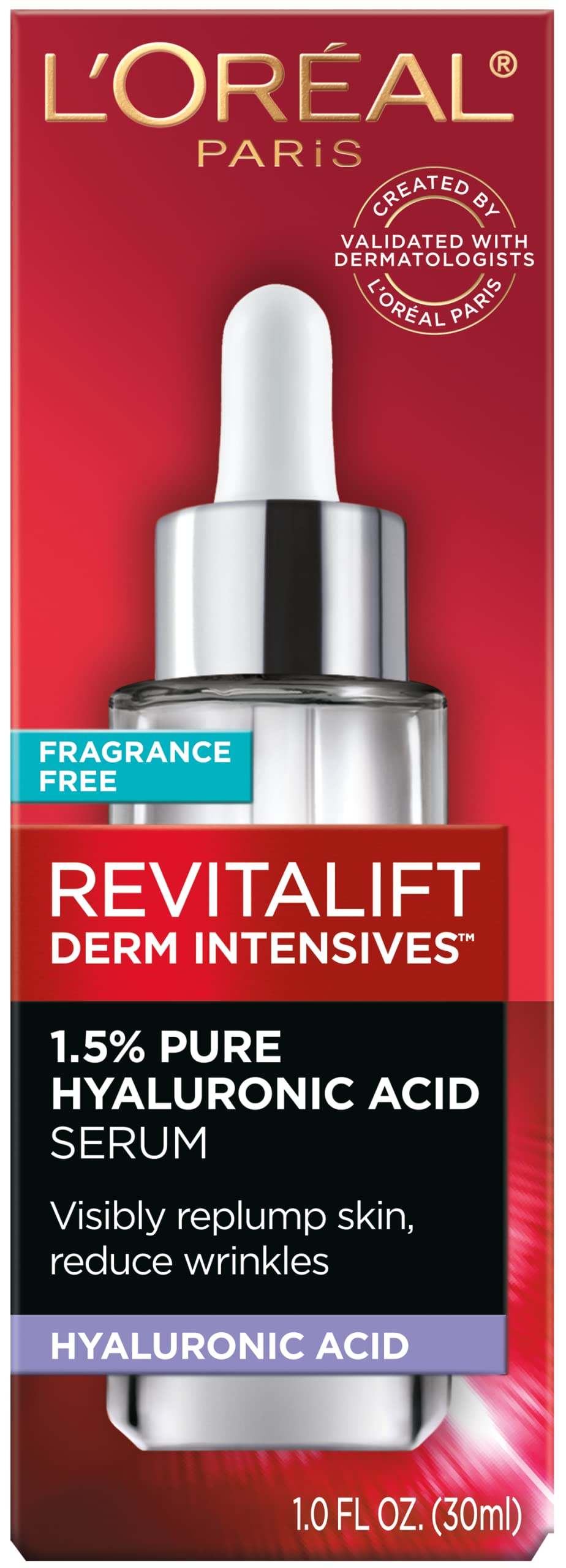 L'Oreal Paris Revitalift 1.5% Pure Hyaluronic Acid Face Serum, Hydrate & Reduce Wrinkles, Fragrance Free 1 oz