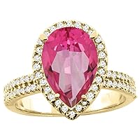 PIERA 14K White/Yellow Gold Natural Pink Topaz Ring Pear 12x8mm Diamond Accents, sizes 5-10