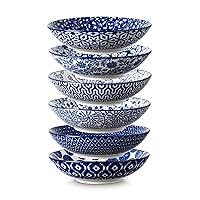 Selamica Porcelain 40oz Large Bowls 9 inch Big Pasta Salad Bowls, Microwave and Oven Safe, Vintage Blue, Set of 6