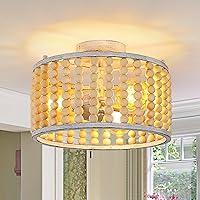 AUA Boho Semi Flush Mount Light, Wood Beaded Chandellier, Small Coastal Boho Chandelier Light Fixture for Bedroom Dining Room Hallway Nursery Kitchen 3-Light