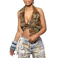 LETSVDO Women's Sexy Camo Halter Vest Backless Sleeveless Lapel V Neck Button Down Jean Crop Tank Top