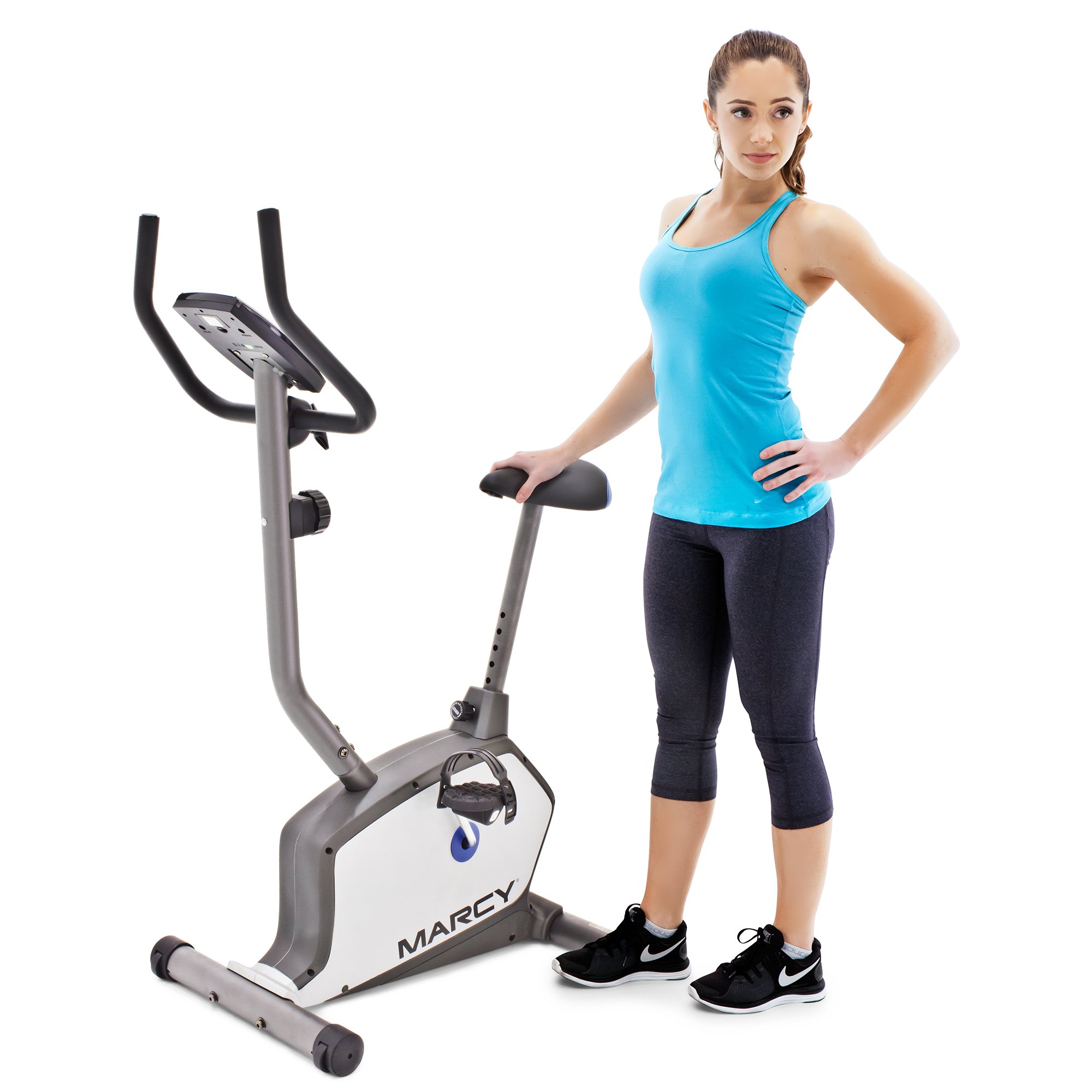 Marcy Upright Exercise Bike with Adjustable Seat and 8 Magnetic Resistance Preset Levels NS-1201U,Black/Grey/Silver