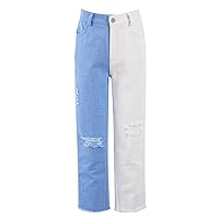 FEESHOW Youth High Waisted Stretch Ripped Denim Pants Girls Patchwork Straight Wide Leg Jeans for Casual Wear