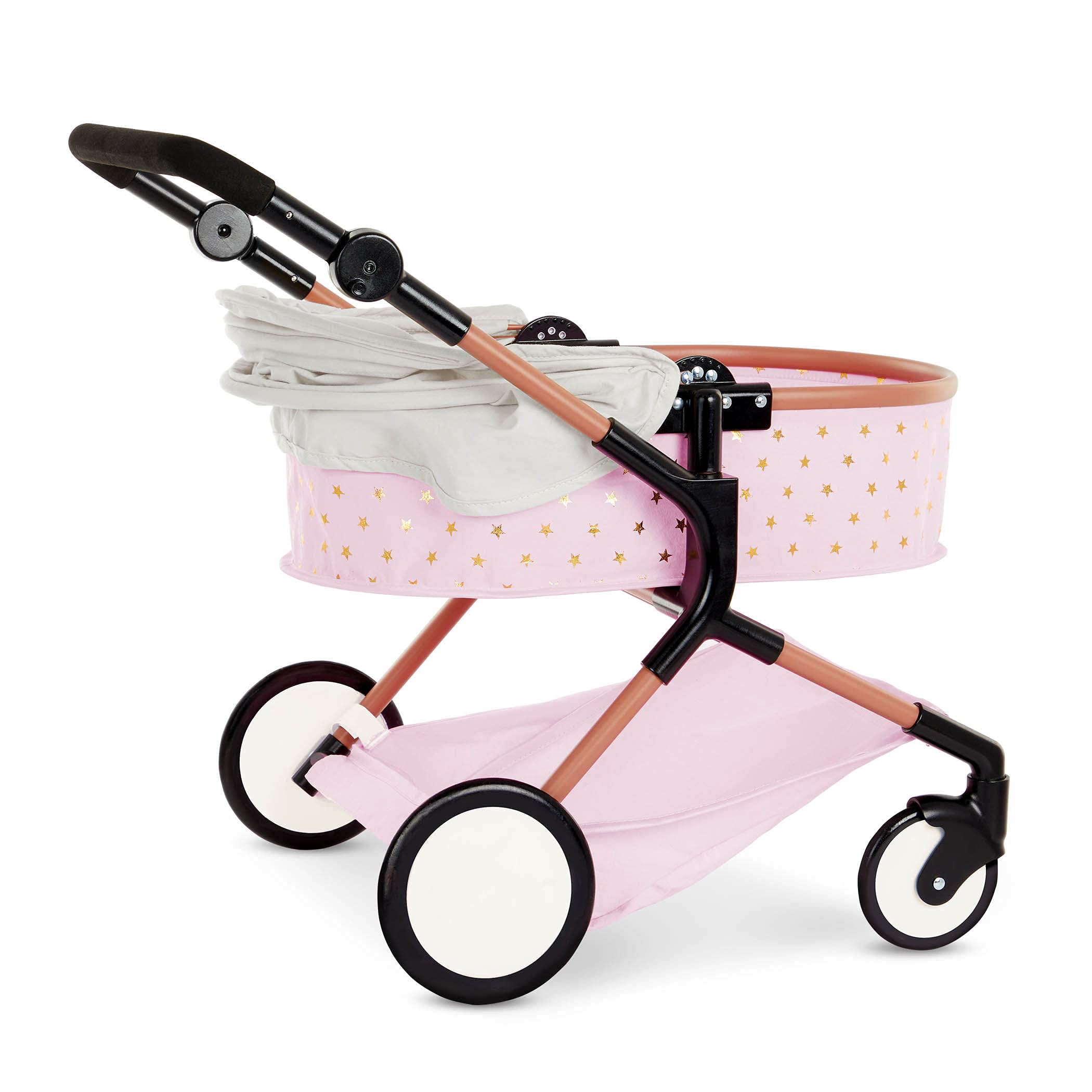 babi by Battat - Baby Doll Double Stroller Mini Gold Stars Foldable Canopy, Swivel Wheels, Basket Pink Carriage Fits Twin 14-inch Dolls Children’s Toys Kids Ages 2+ (BAB7630C1Z)