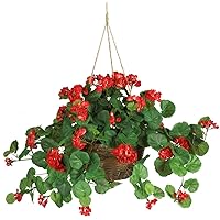Nearly Natural 6609-RD 24in. Geranium Hanging Basket Silk Plant,Red,10.25