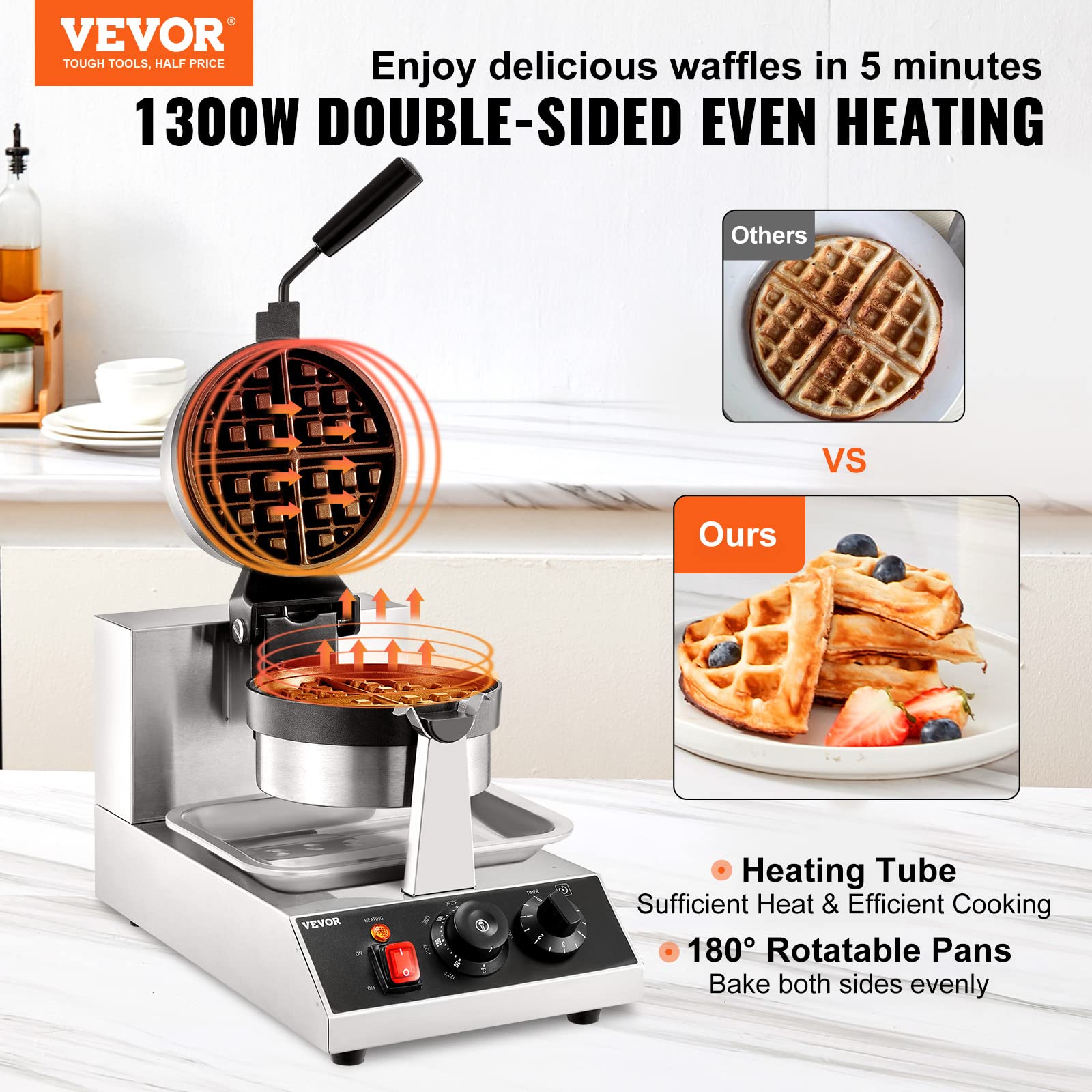 VEVOR Commercial Waffle Maker, 1300W Round Waffle Iron, Non-Stick Rotatable Waffle Baker Machine With 122-572℉ Temp Range and Time Control, Teflon-Coated Baking Pan Stainless Steel Body 120V