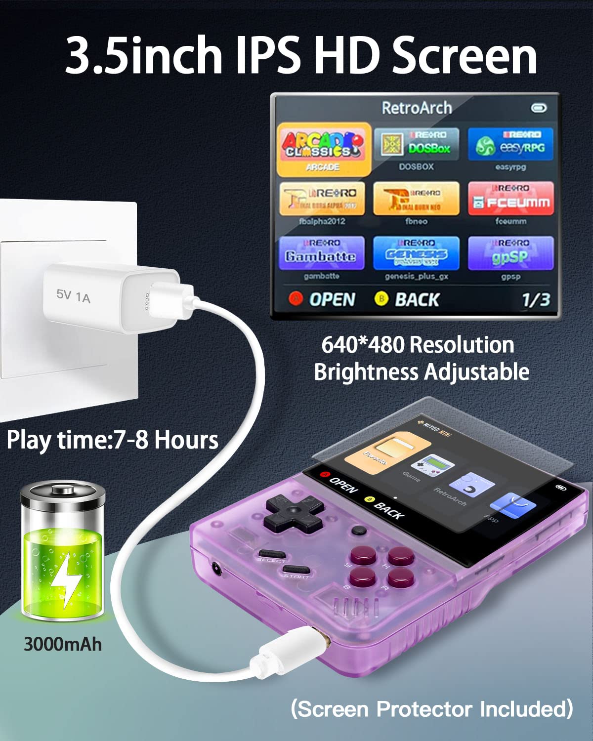 Miyoo Mini Plus,Retro Handheld Game Console with 64G TF Card,Support 10000+Games,3.5-inch Portable Rechargeable Open Source Game Console Emulator with Storage Case,Support WiFi.(Purple)