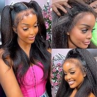 12A Kinky Edge Hairline 13x4 Lace Front Wigs Kinky Straight Human Hair with 4C Curly Baby Hair Pre Plucked Glueless HD Transparent Yaki Straight Lace Frontal Wig with Realistic Hairline 180% Density 22inch