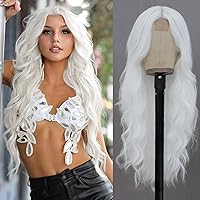 NAYOO Long White Wig for Women Synthetic Wavy Middle Part Wig Natural Looking Heat Resistant Fibre for Daily Party Use 26 Inch (White)