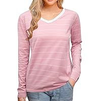 LilyCoco Striped V Neck Shirts for Women Long Sleeve Breton Tee Casual Tops