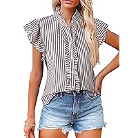 Dokotoo Womens Casual V Neck Button Down Shirts Summer Striped Ruffle Cap Sleeve Side Slit Work Tops Blouses