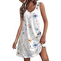 Flowy Sundress Floral Dress for Women 2024 Summer Vintage Casual Trendy Beach Slim Fit with Sleeveless V Neck Tank Dresses White Large