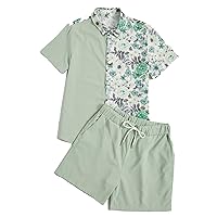 OYOANGLE Men's 2 Piece Outfits Casual Print Short Sleeve Button Down Shirt and Shorts Sets