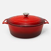 6 Qt Cast Iron Artisan Casserole Pan w/Red Enamel Coating, Oven and Stove top safe, Versatile for All Dishes
