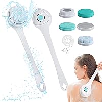 Electric Body Brush Cordless Silicone Back Scrubber 5-in-1 Rechargeable Body Scrubber with Long Handle Body Scrubber for Shower Exfoliating Soft Skin Cleansing Spa Massager (White)
