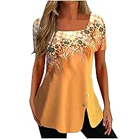 Fashion Tops for Women Dressy Casual Blouse Summer Short Sleeve Square Neck Floral Tees Shirt Split Hem Loose Tunic