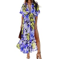 Women's Bohemian Dress Beach Floral Sundress Flowy Boho Midi Dresses Print Side Slit Deep V-Neck Vacation Long Skirts