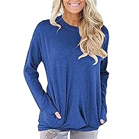 Andongnywell Women's Round Neck Long Sleeve Pocket Solid Color T-Shirt Casual Hedging Tunic Tops Blouse (Royal Blue,Small)