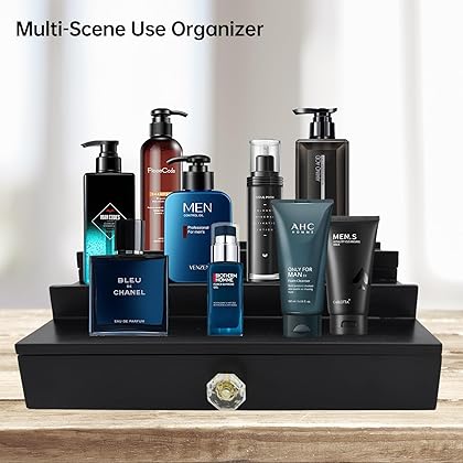 Wooden Cologne Organizer for Men Display Risers Countertop Organizer 3 Tier Cologne Stand with Storage Drawer Cologne Holder Cologne Shelf Great Gift Perfume Dresser Organizer