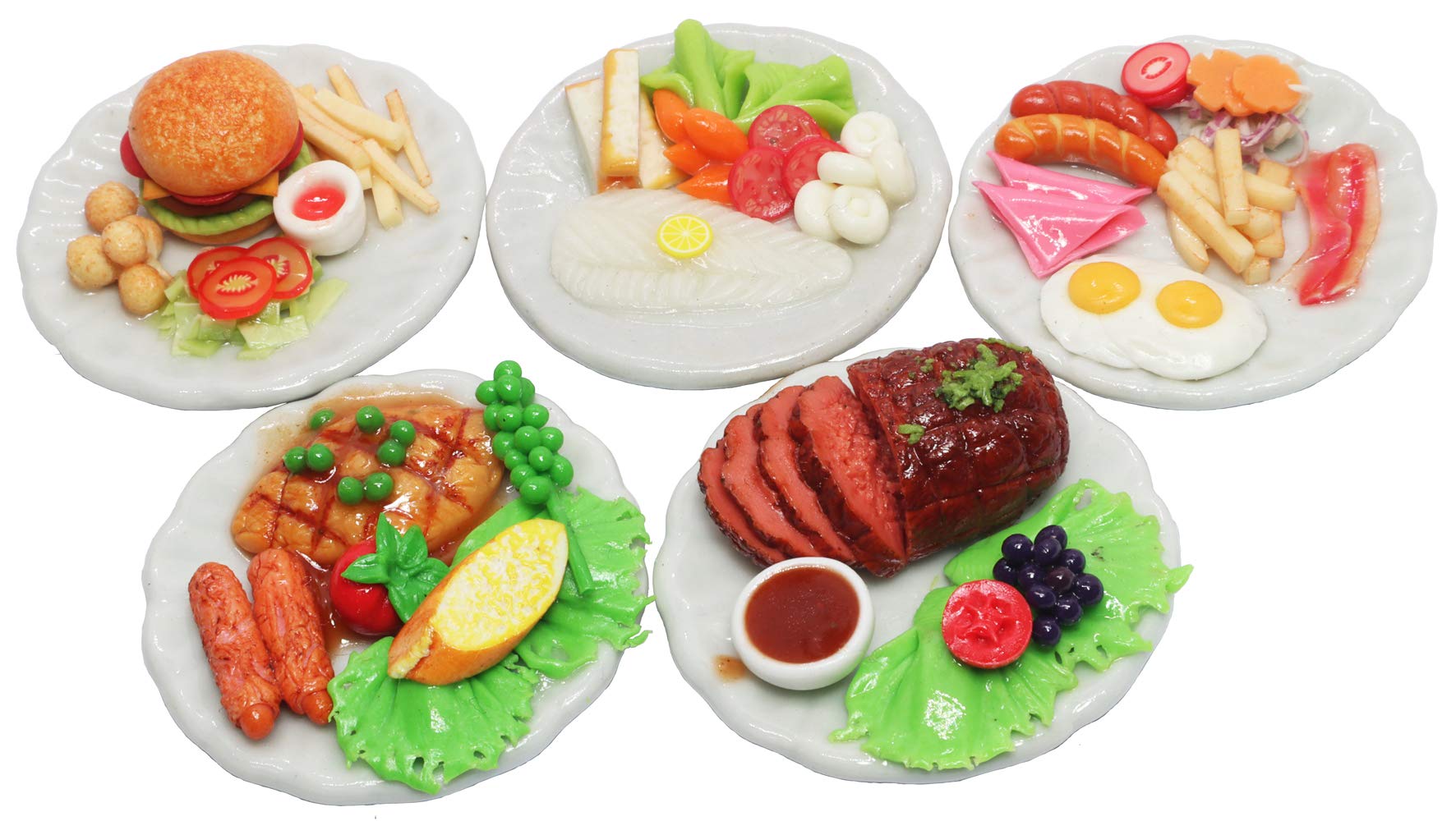 ThaiHonest Set 5 Assorted Dollhouse Miniature Food,Tiny Food On Ceramic Plate, Dollhouse Accessories for Collectibles