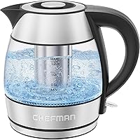 CHEFMAN Electric Kettle - 1.2L 1500W Hot Water Tea Pot with Tea Infuser, BPA Free, Auto Shut Off, Boil-Dry Protection, Removable Lid, LED Light, Cordless Glass Electric Tea Kettle – Stainless Steel