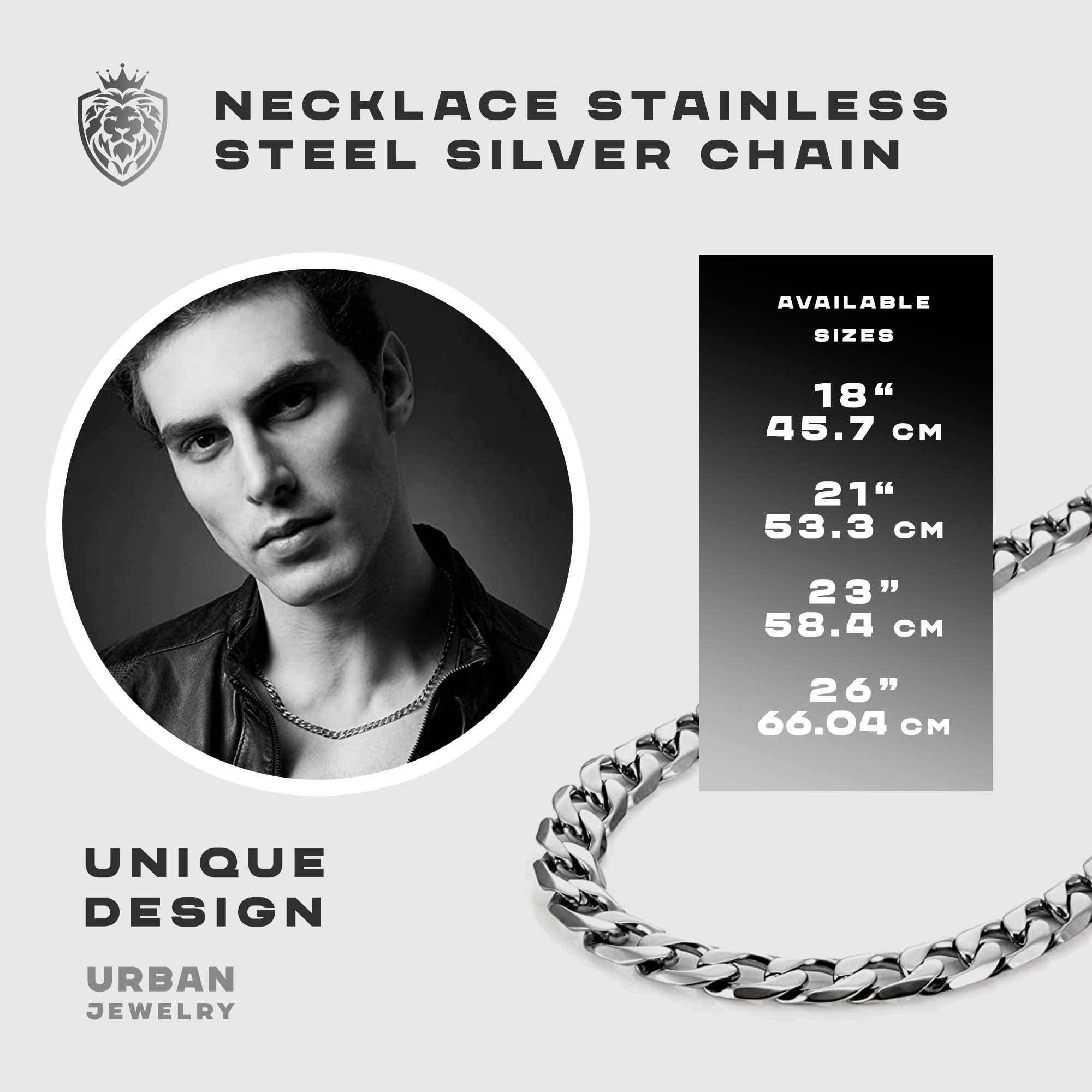 Classic Mens Link Chain Necklace, Cuban Style, Silver, Black or 24K Gold Plated, 316L Stainless Steel Link Chain 19