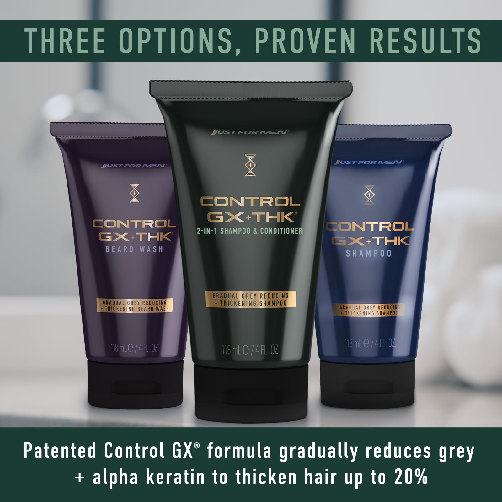 Just for Men Control GX + THK Grey Reducing and Thickening 2-in-1 Shampoo & Conditioner with Alpha Keratin, Thickens Hair Up to 20%, Works with Every Hair Texture, 4 oz (Pack of 1)