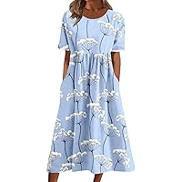 Flowy Summer Dress for Women Fashion Floral Printed Tunic Dresses Short Sleeve Round Neck Beach Sundresses with Pocket
