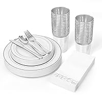 175Pcs Silver Dinnerware Set, 50 Silver Rim Plastic Plates - 25 Silver Plastic Silverware - 25 Silver Cups - 25 Silver Napkins, 25 Guest Disposable Dinnerware Set,for Wedding