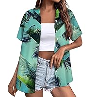 Women Hawaiian Shirt Soft Cool Summer Hawaii Shirts Floral Tropic Print V Neck T-Shirt Short Sleeve Button Up Tops