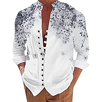 Mens Holiday Seaside Leisure Loose Button Stand Collar Printed Shirt Long Sleeve Top Turn Down Long Shirt