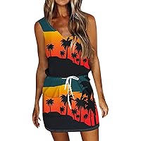 Sundresses for Women 2024 Summer Casual Loose Sling V Neck Mini Dress Trendy Floral Drawstring T Shirt Dress with Pockets