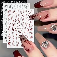 6Sheets Retro Leaf Nail Stickers Plant Print 3D Self-Adhesive Nail Decals Nail Art Supplies Leaves Printed Vintage Black White Red Nail Design for Women Girls Manicure Decoration Accessories Craft