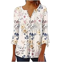 Women Summer Tops V Neck Hide Belly Shirts Henley T-Shirt Causal Blouse Waisted Floral Pleated Tunic Tops