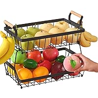 Large Fruit Storage Basket with 2 Banana Hangers, Countertop Fruit Vegetable Basket Bowl for Kitchen Counter Metal Mesh Basket Fruits Stand Produce Holder Organizer (2 Tier Black)